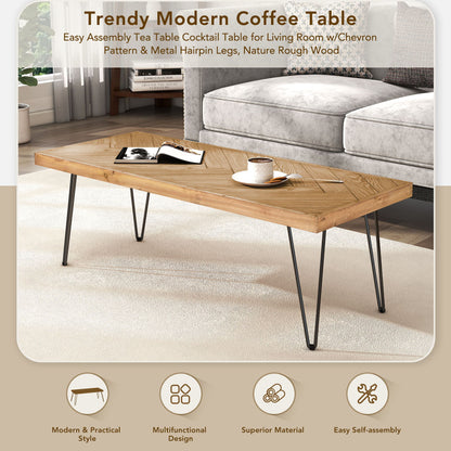 Modern Coffee Table Tea Table, Cocktail Table With With Chevron Pattern & Metal Hairpin Legs For Living Room - Natural