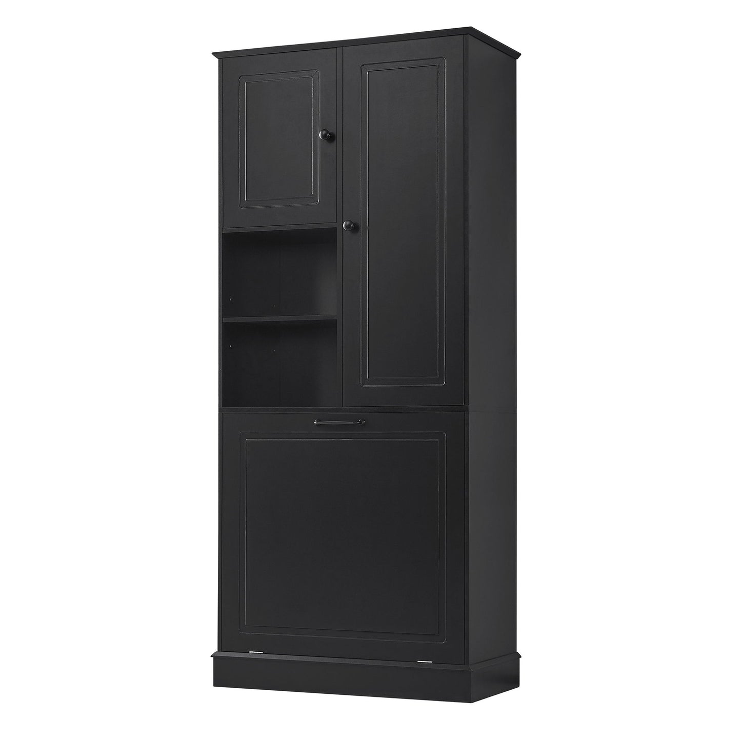 Modern Tall Storage Cabinet With Adjustable Shelves, Flip-Out Basket & Enclosed Doors