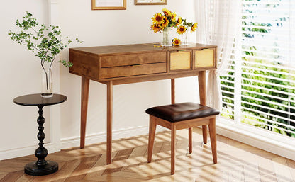 Classic Wood Makeup Vanity Set With Flip-Top Mirror And Stool, Dressing Table With Three Drawers And Storage Space