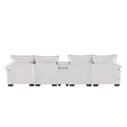 Modern U-Shaped Sofa With Console, Cupholders And USB Ports, 6 Seat Upholstered Symmetrical Indoor Furniture, Sleeper Couch Set With Chaise For Living Room