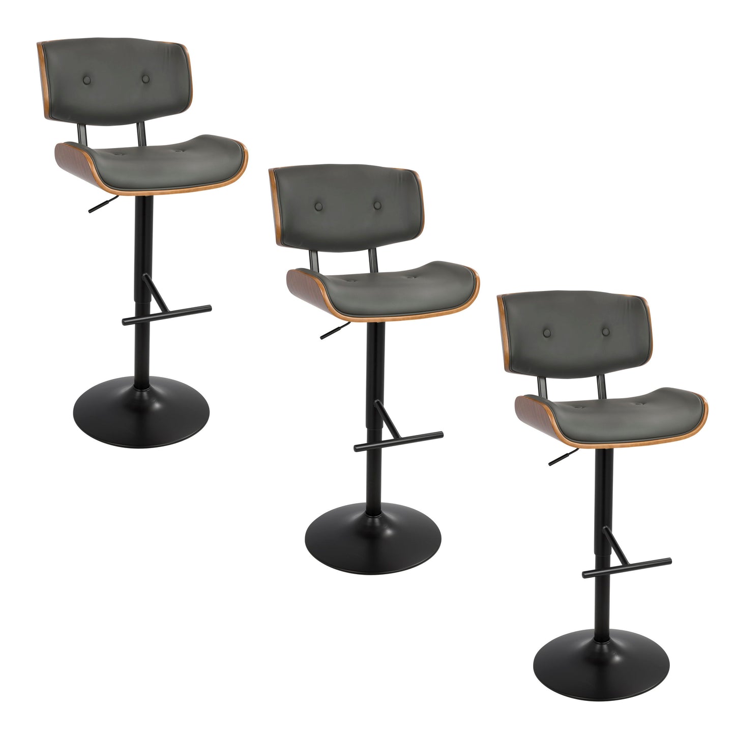 Lombardi - Mid Century Modern Adjustable Barstool With Swivel With Straight T Footrest (Set of 3)