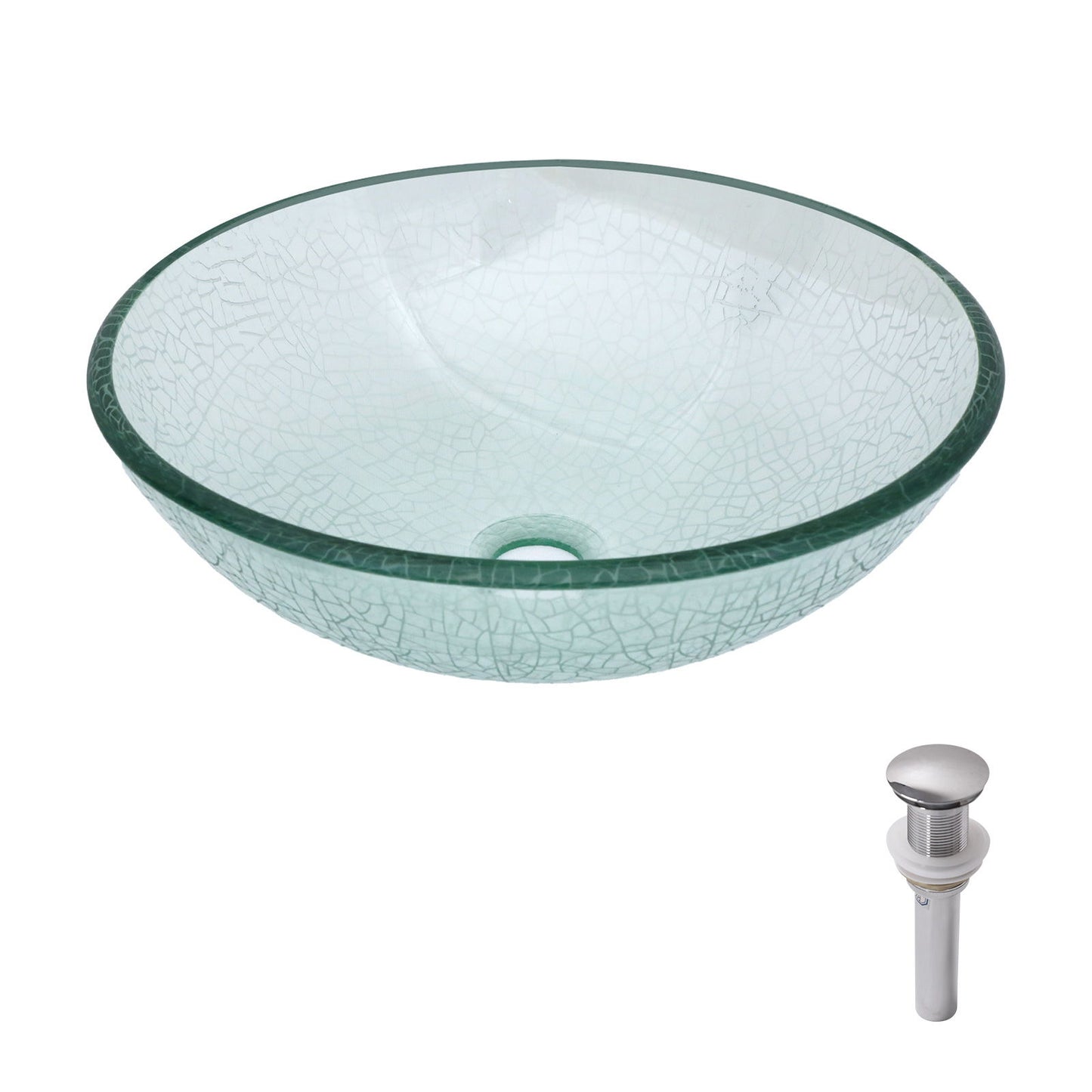 Crackle Vessel Sink, Round Bowl With Pop Up Drain - Clear