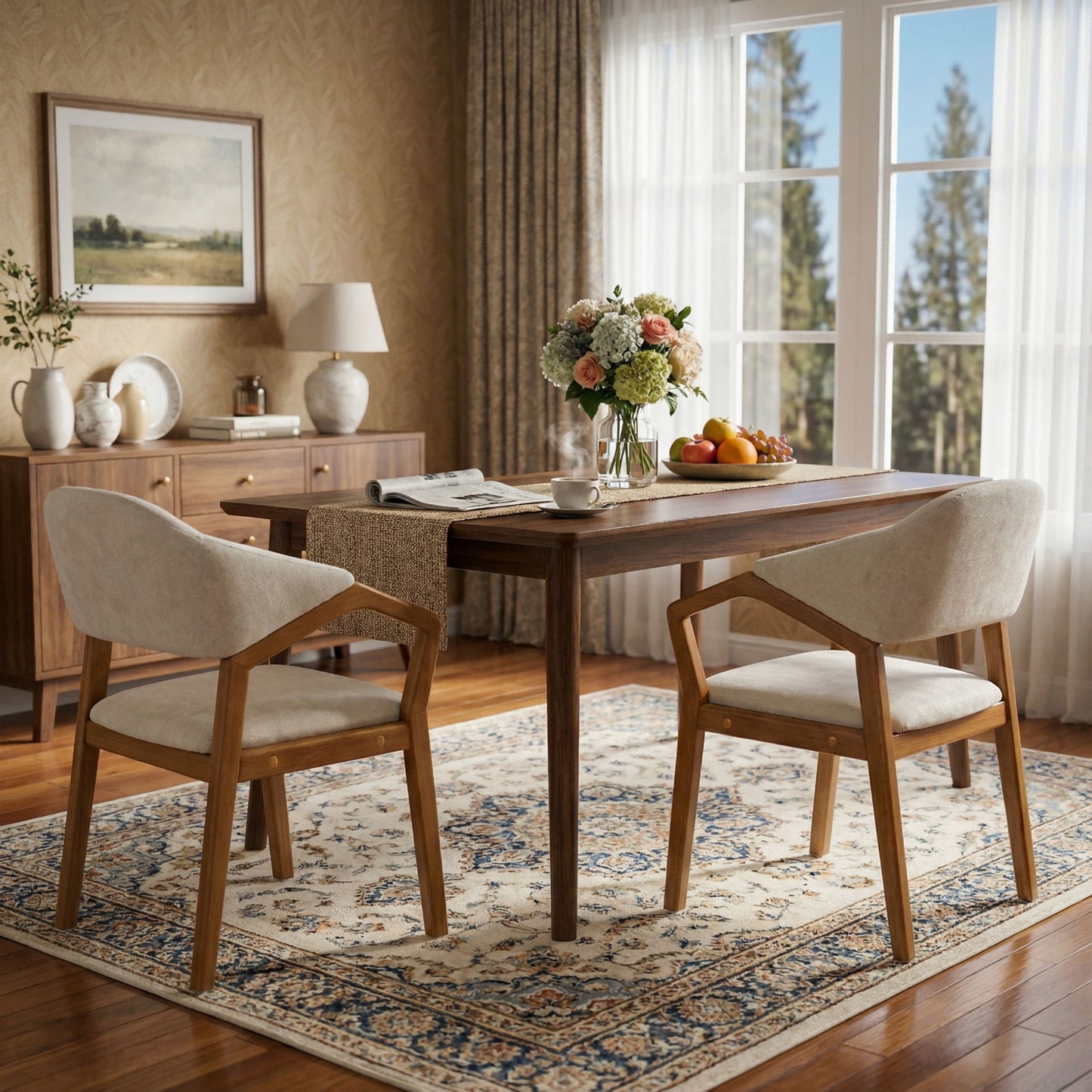Indoor Upholstered Dining Armchair (Set of 2) - Beige / Teak