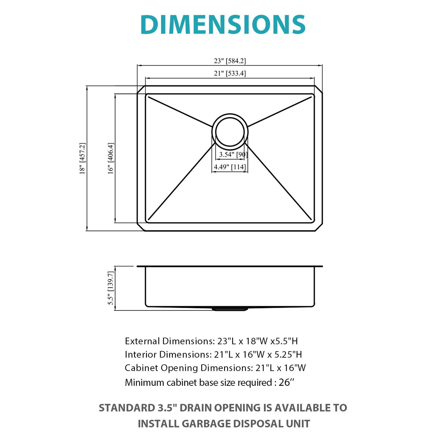 Ada-Compliant 23" Undermount Sink, Low Depth Single Bowl - Brushed Nickel
