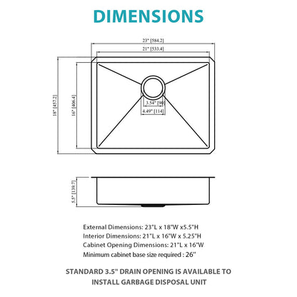 Ada-Compliant 23" Undermount Sink, Low Depth Single Bowl - Brushed Nickel