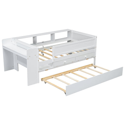 Twin Daybed With Drawers, Trundle, Headboard Storage, Study Desk, And USB Charging Station - White