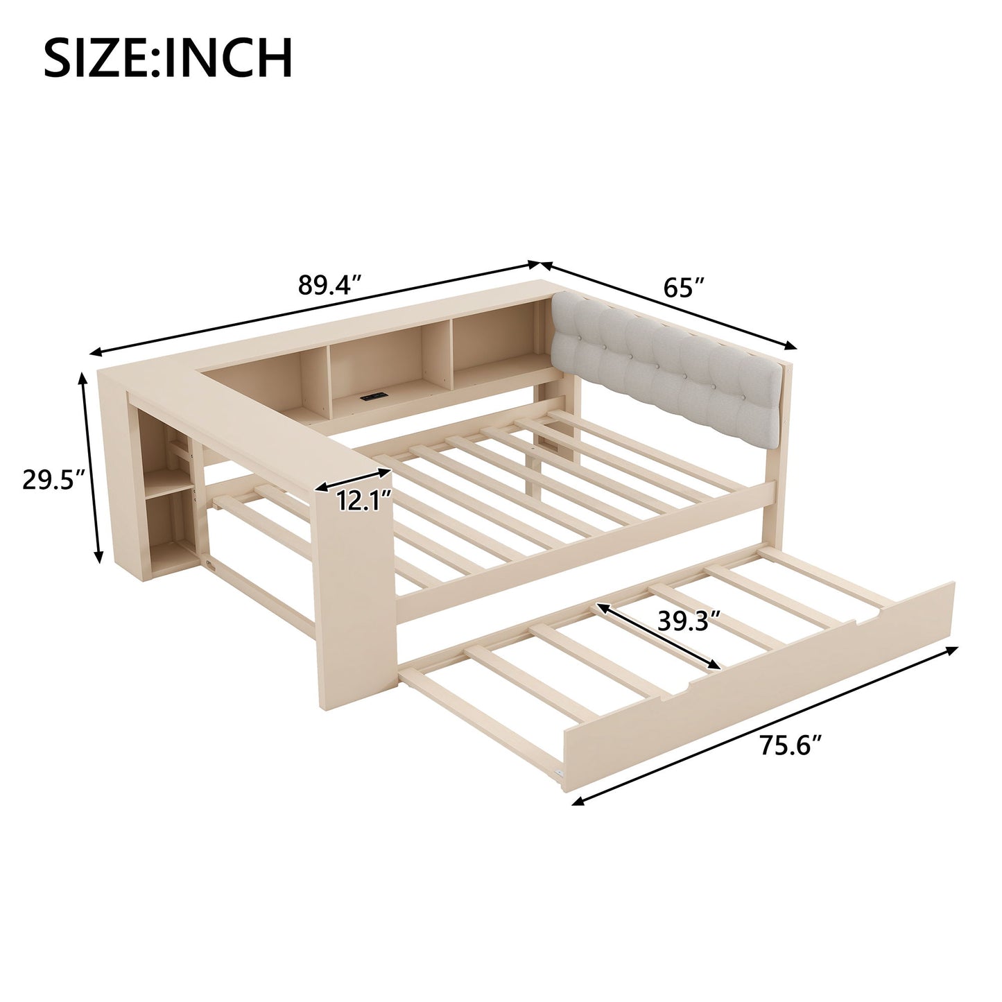 Upholstered Headboard Platform Bed With Storage Shelves, Trundle, Charging Station