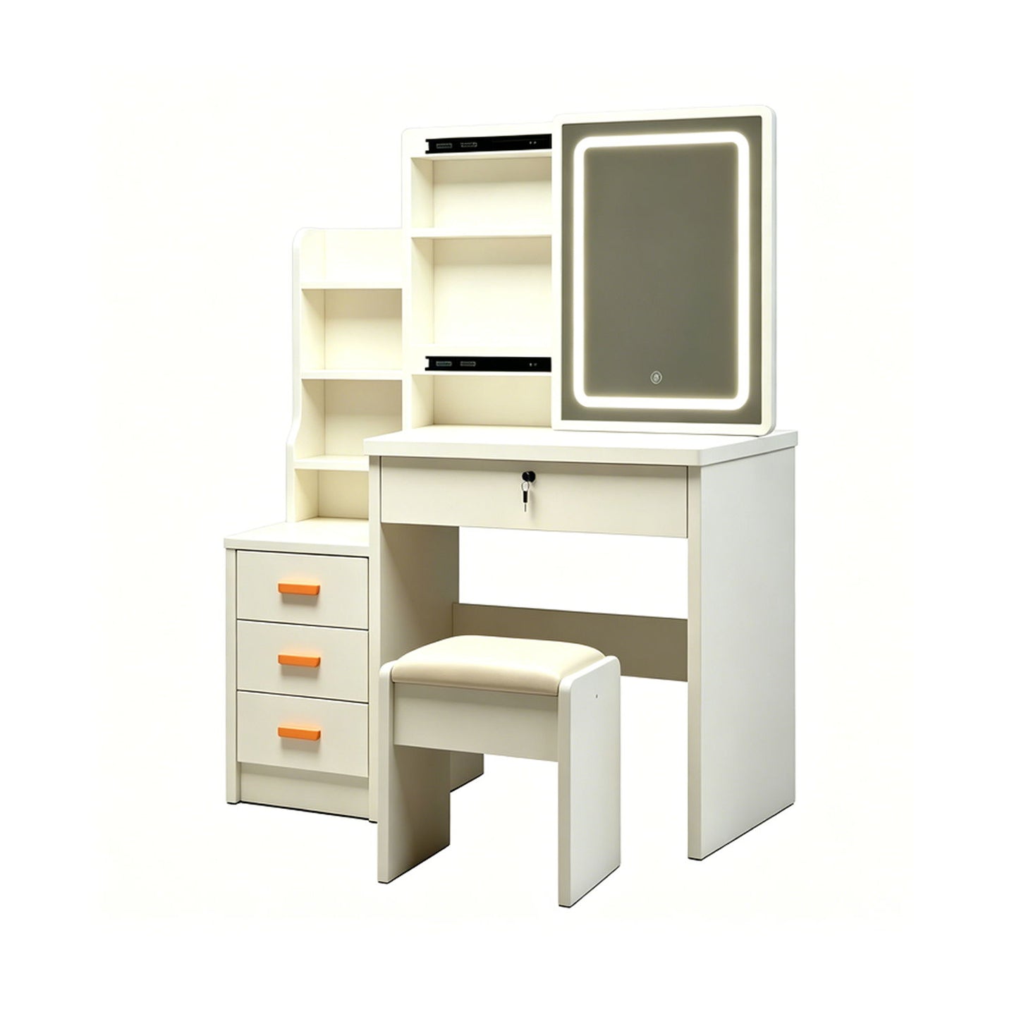 Vanity Set With LED Mirror, Storage Dressing Table & Cushioned Stool - Cream White