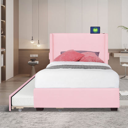 Twin Size Upholstered Bed Frame With Trundle Bed, Teddy Fabric, USB Functionality, And A Pocket Design On The Side Of The Headboard For Storing Small Items - Baby Pink