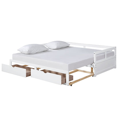 Wooden Daybed With Trundle Bed And Two Storage Drawers, Extendable Bed Daybed, Sofa Bed For Bedroom Living Room