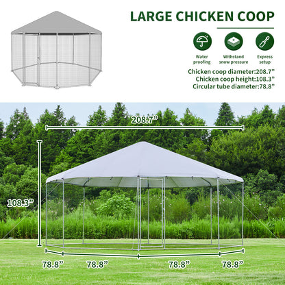 Large Metal Chicken Coop Octagon, Steel Wire Dipped Plastic Mesh, Oxford Cloth Plated Waterproof And UV Resistant, Ducks, Rabbits, Sheep And Birds Outdoor House - Silver