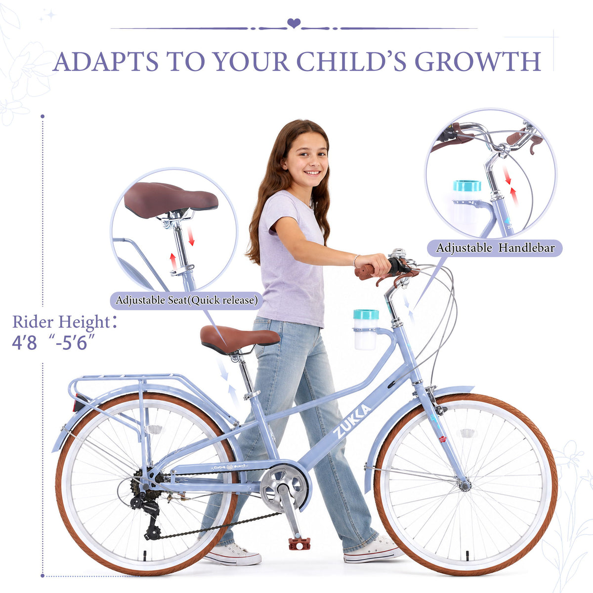 24" Cruiser Bike With 6 Speed Gear System, Rear Rack & Cup Holder