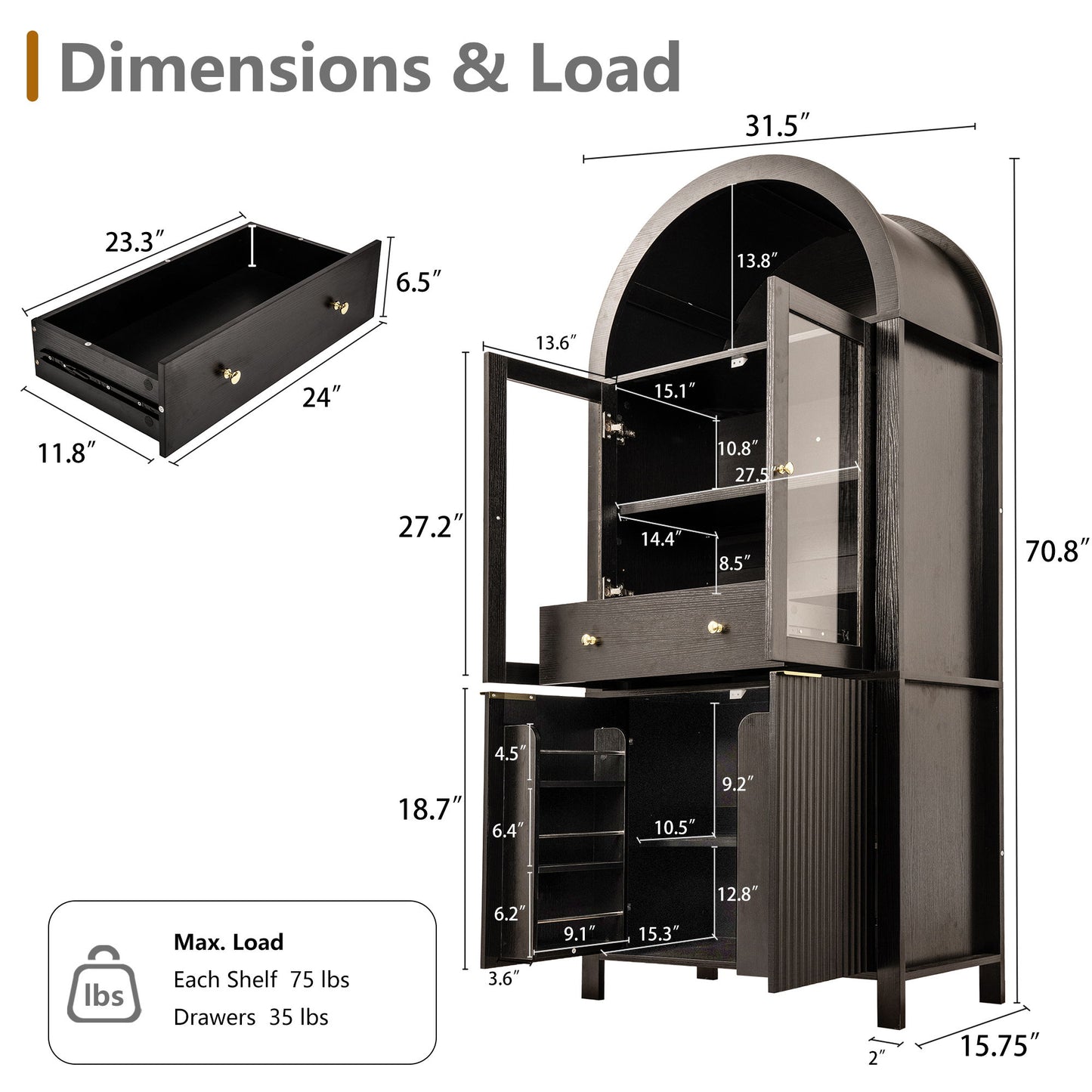 Fluted Tall Arched Pantry Cabinet With Adjustable Shelves, Glass Door & Hidden Drawer For Kitchen