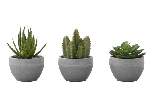 6" Tall, Artificial Plant, Succulent, Indoor, Faux, Fake, Table, Greenery, Potted, Decorative (Set of 3) - Green / Gray