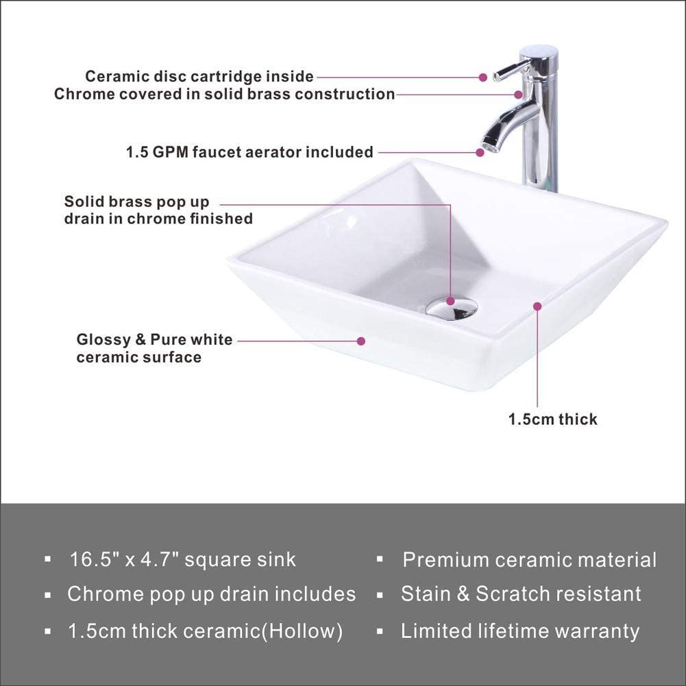 Square Bathroom Vessel Sink - White Porcelain Counter Bowl For Bathroom Vanity - White