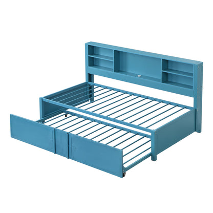 Industrial Metal Daybed With Trundle, Storage Shelves, USB Ports