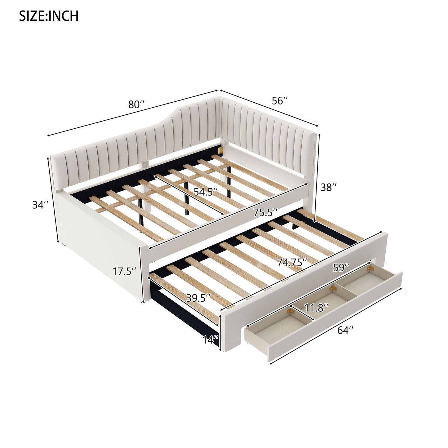 Upholstered Daybed With Trundle And 3 Drawers