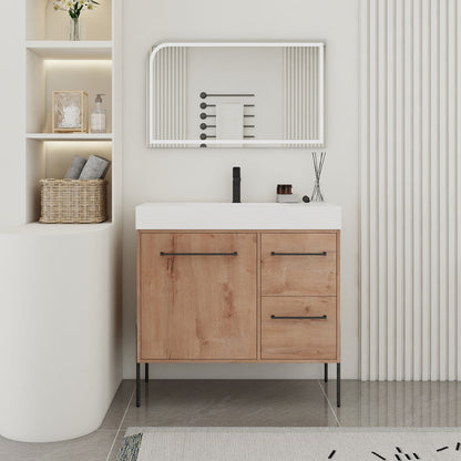36" Freestanding Bathroom Vanity With Sink, Soft Close Doors & 2 Drawers - Imitative Oak