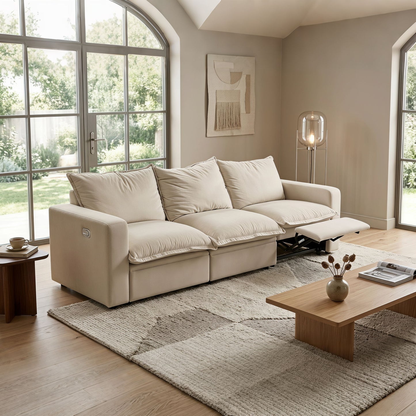 Plush Pillow Top Reclining Sofa, 3 Seat - Cream Beige