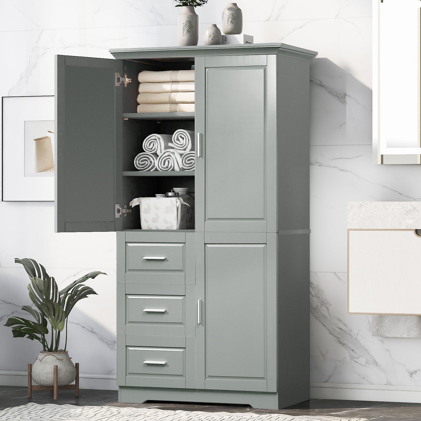 Tall And Wide Storage Cabinet With Doors For Bathroom Or Office, 3 Drawers - Gray