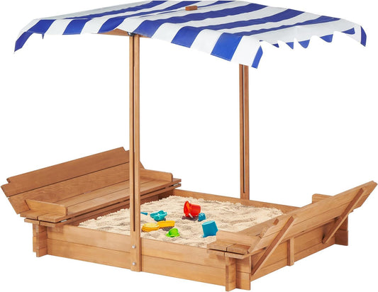 Kids Sandbox With Adjustable Cover, Sand Box With 2 Foldable Bench Seats, Outdoor Sandpit For Backyard Play - Light Brown