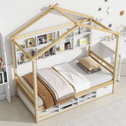 House Bed With Roof Frame, Bedside-Shelves, Under Bed Storage Unit