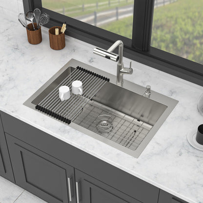 30" Single Bowl Drop In Kitchen Sink With Pull Out Faucet And Soap Dispenser - Brushed Nickel