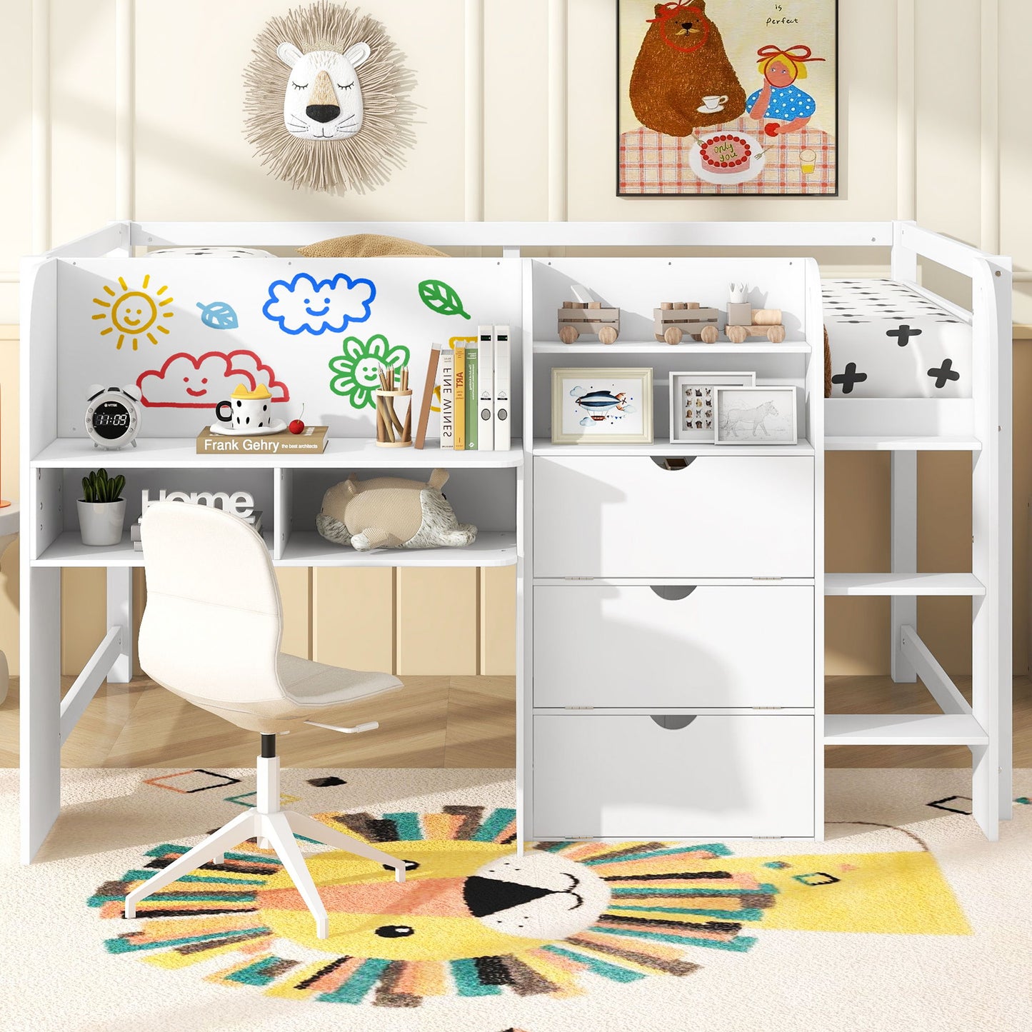 Low Loft Bed With Built In Desk, Storage Cabinets, Open Bookcase And Doodle Blackboard
