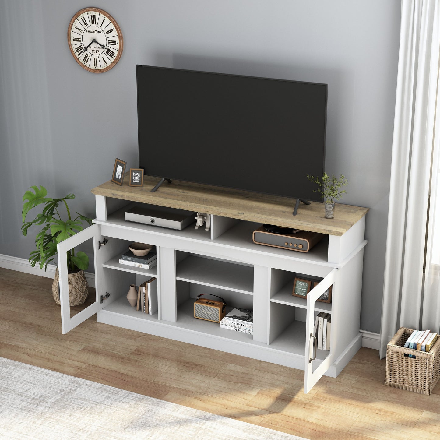 TV Stand With Storage Cabinet And Shelves, TV Console Table Entertainment Center For Living Room, Bedroom - White