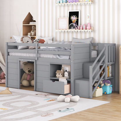 Low Loft Bed With Stair, Drawer, And Shelf