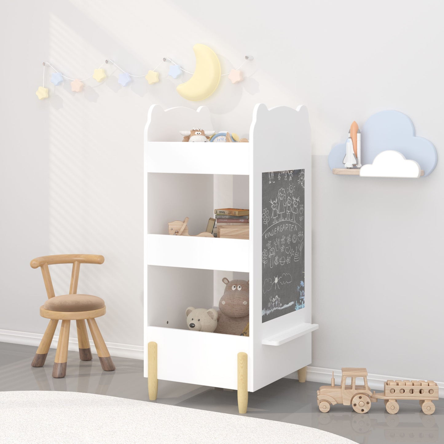 Bear Shaped Bookshelf With Chalkboard Side, 3 Tier Storage Organizer For Playroom - White