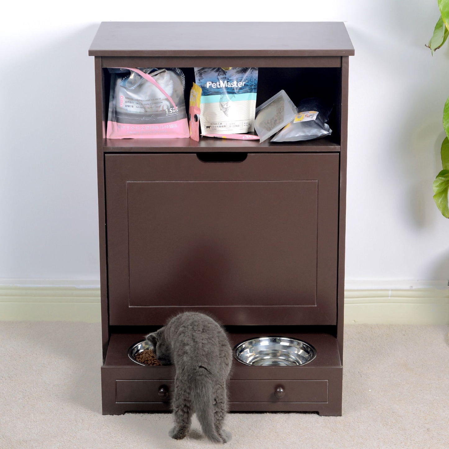 Pet Feeder Station With Storage, Waterproof Painted, Dog And Cat Feeder Cabinet With Stainless Bowl - Brown