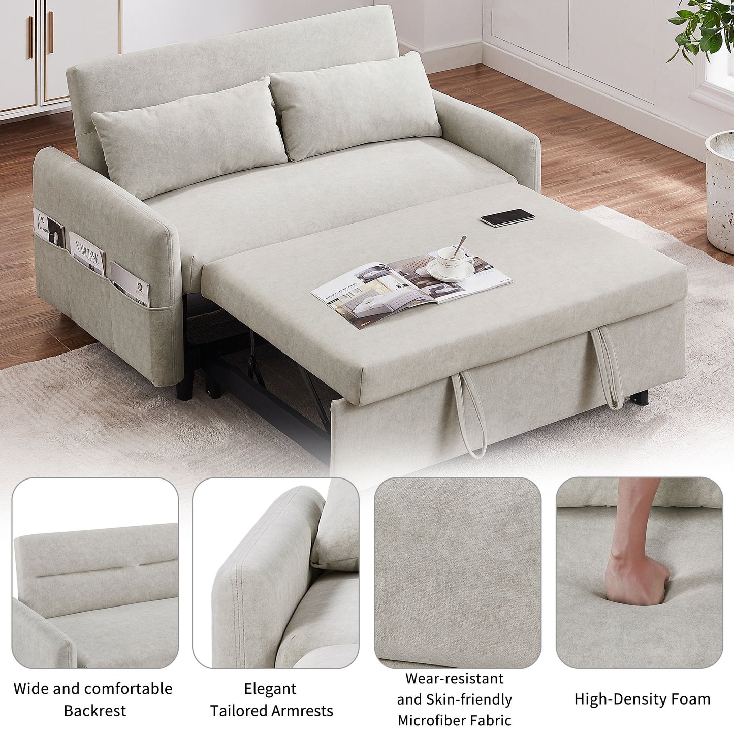 Pull Out Sleep Sofa Bed Loveseats Sofa Couch With Adjsutable Backrest, Storage Pockets, 2 Soft Pillows, USB Ports For Living Room