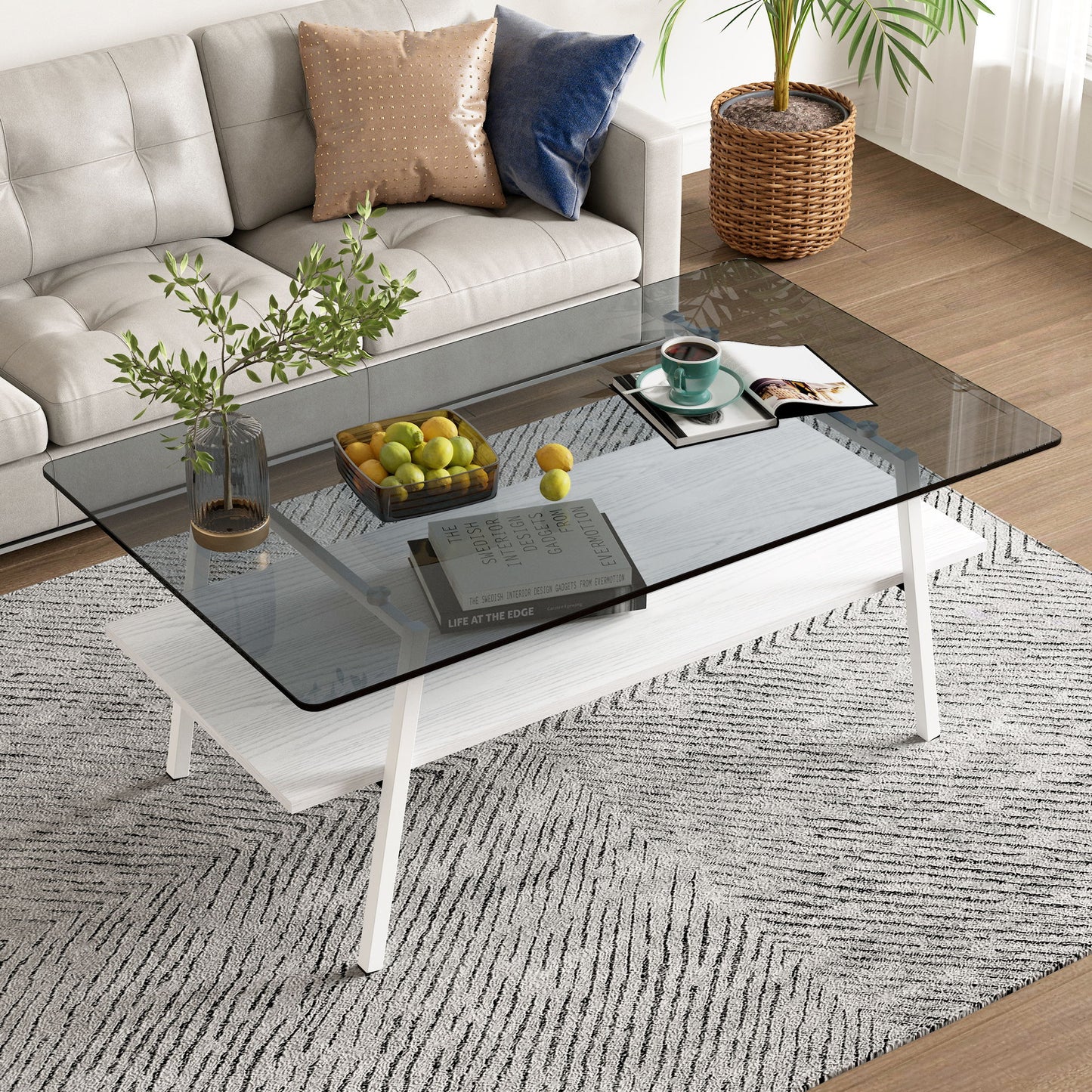 Rectangle Coffee Table, Tempered Glass Tabletop With Metal Legs