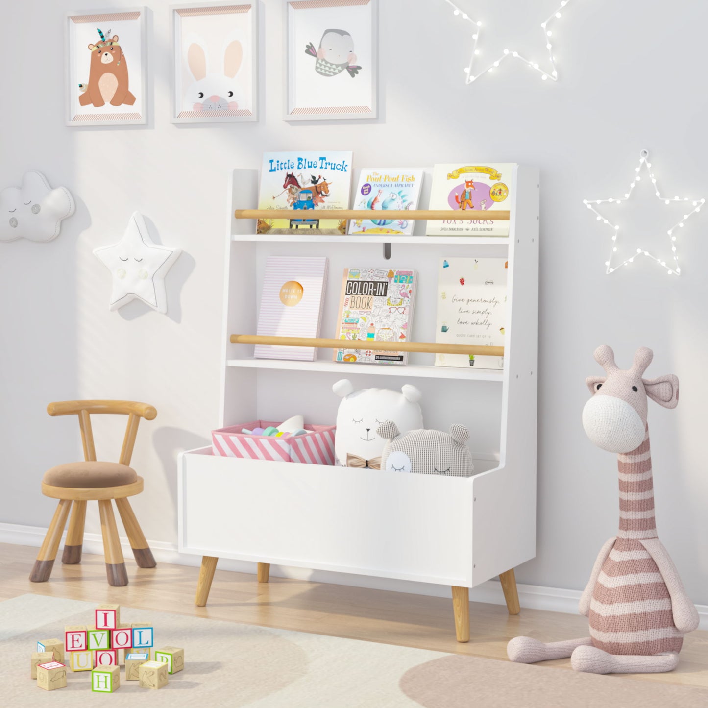 Bookshelf , Book Organizer With Toy Storage - White