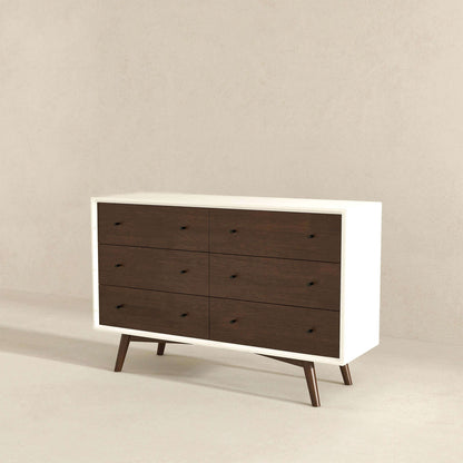 Mid-Century Modern White Dresser 6 Drawer - Dark Brown / White