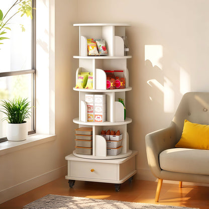 Rotating Bookshelf With Wheels And Drawer, 360° Spinning Design, Space Saving Storage