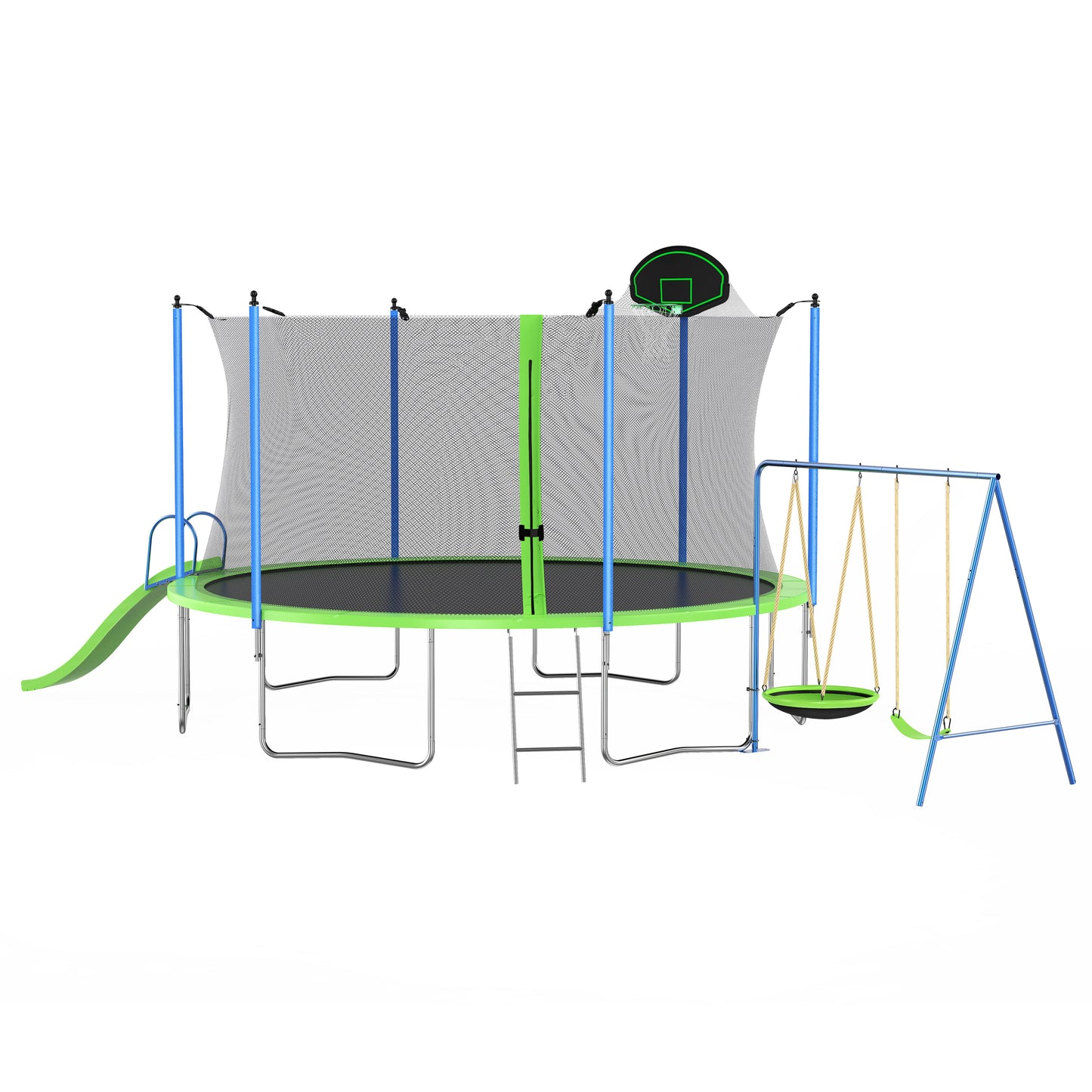 12Ft Trampoline With Slide And Swings, Astm Approved Large Recreational Trampoline With Basketball Hoop And Ladder, Outdoor Backyard Trampoline With Net, Capacity For Kids And Adults - Green / Blue