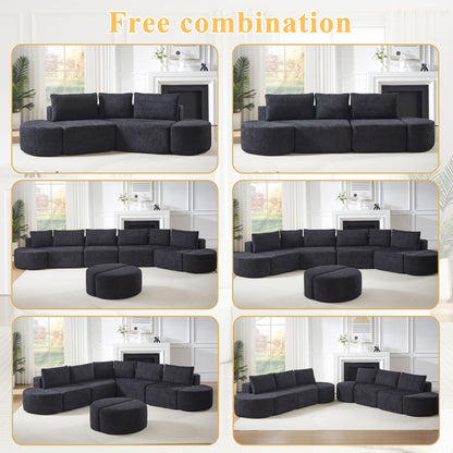 V - Shaped Modular Sofa Set & 3 Pillows And 2 Curved Ottomans For Living Rooms - Black