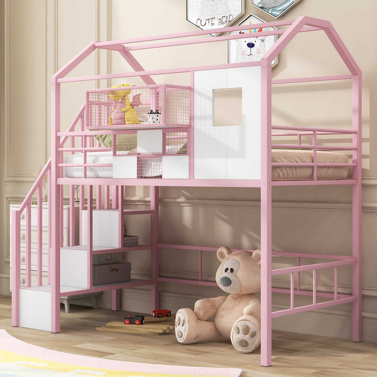 Metal Loft Bed With Roof Design And Storage Box With Guardrails And Integrated Ladder