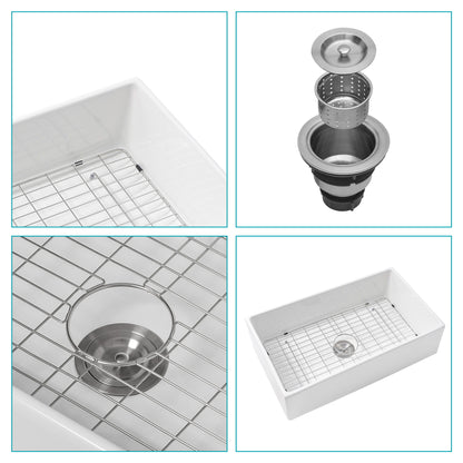 33" Undermount Sink With Apron Front, Single Bowl, Grid - White