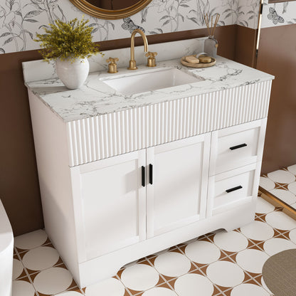 Bathroom Vanity Set, Fluted Cabinet, Soft Close Doors & Drawers, 3 Faucet Holes, Sink Included - White