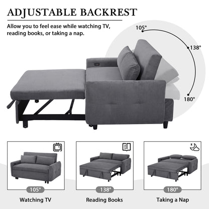 Pull-Out Sofa Bed Convertible Couch 2 Seat Loveseat Sofa Modern Sleeper Sofa With Two Throw Pillows And USB Ports For Living Room