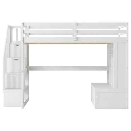 Full Size Loft Bed With Desk And Shelves, 2 Built In Drawers, Storage Staircase - White