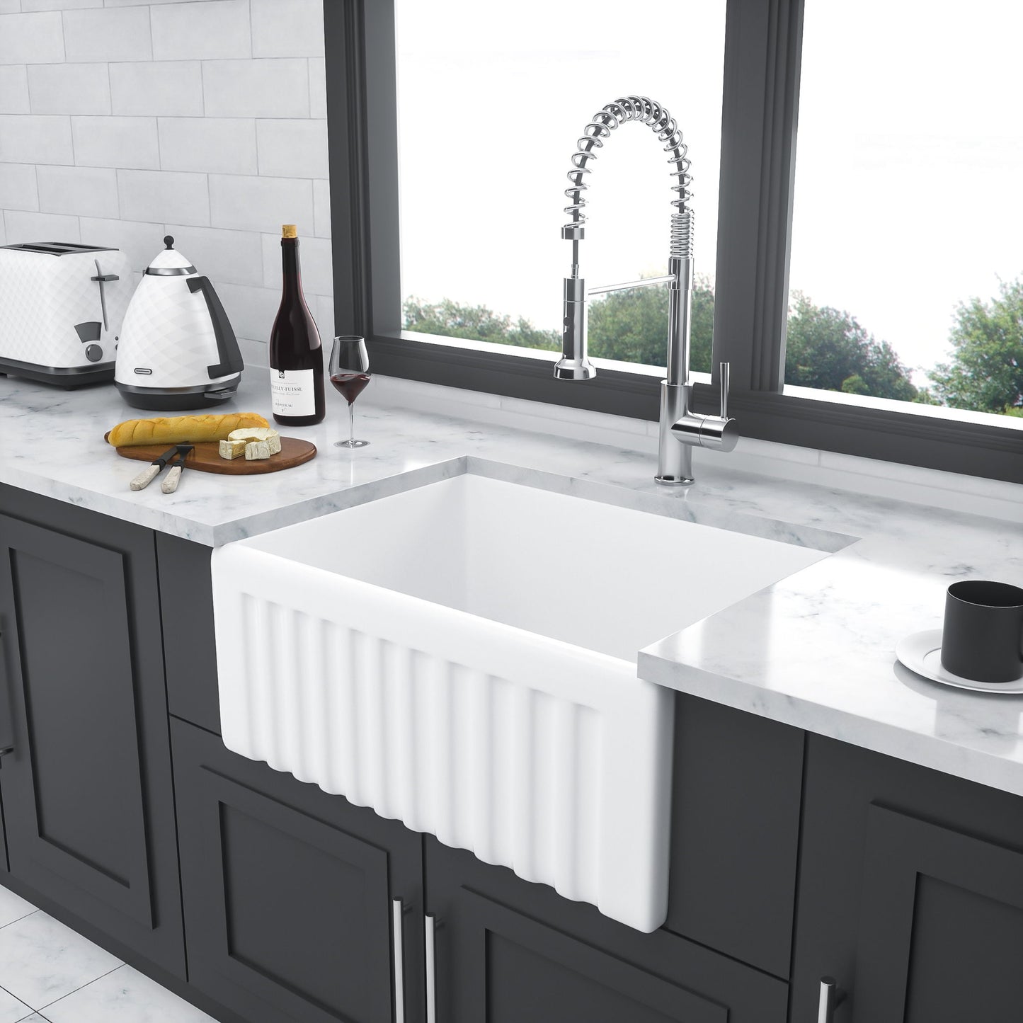 Elegant Farmhouse Style Small Apron Front Ceramic Kitchen Sink 24" Single Bowl Reversible Design - White