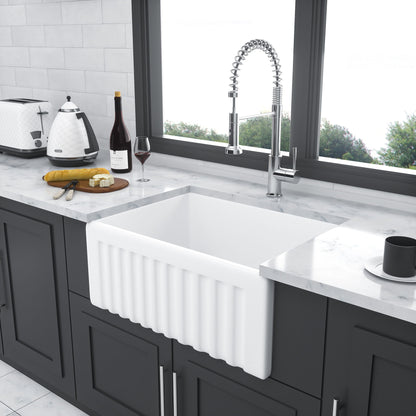 Elegant Farmhouse Style Small Apron Front Ceramic Kitchen Sink 24" Single Bowl Reversible Design - White