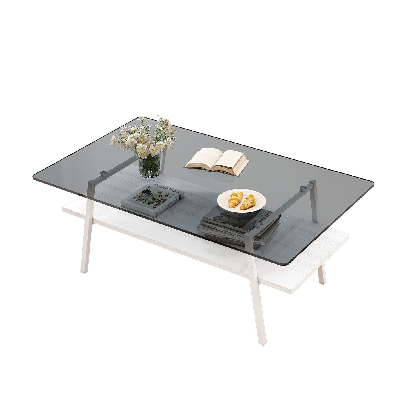 Rectangle Coffee Table, Tempered Glass Tabletop With Metal Legs