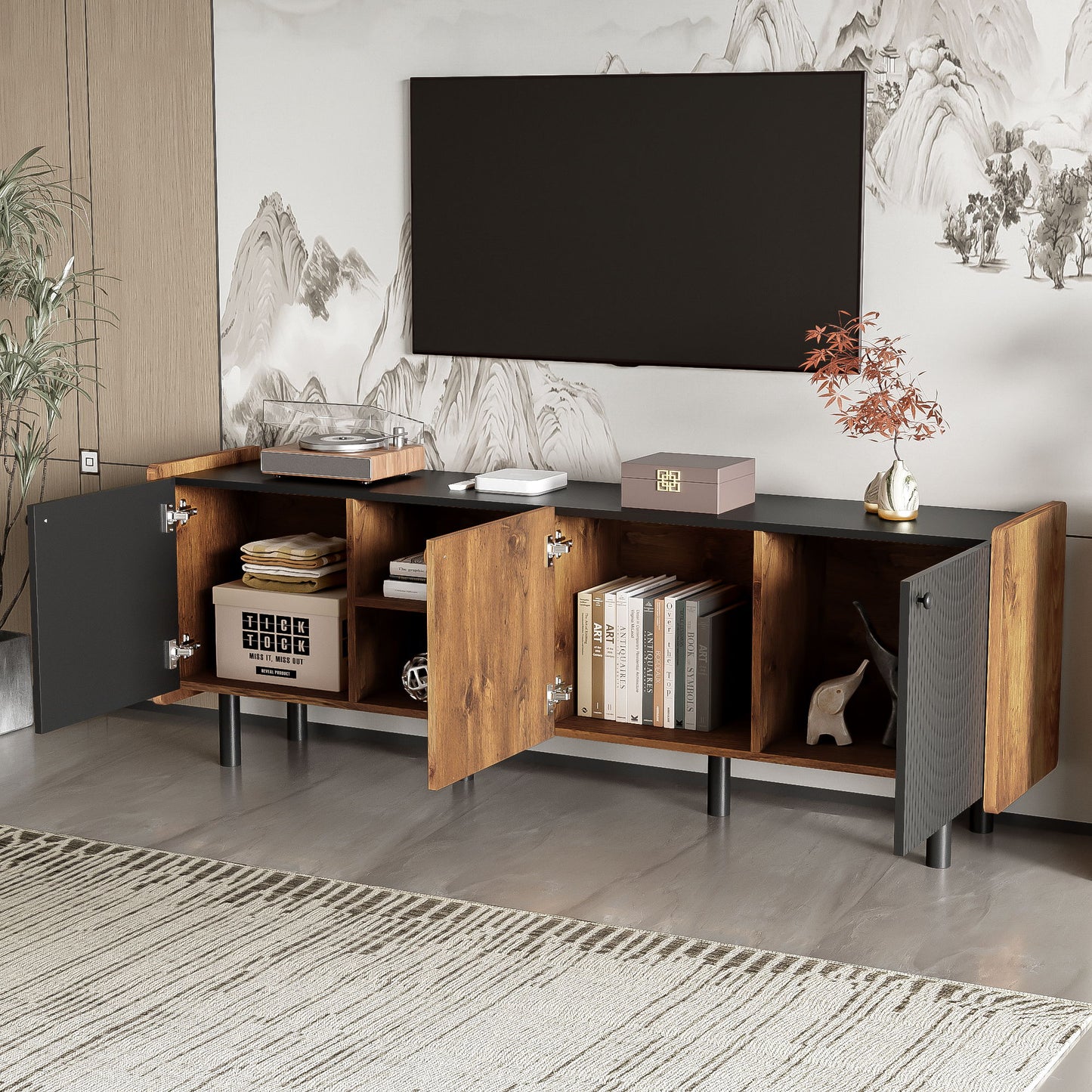 Mid Century TV Stand With 3 Cabinets, Media Console Table For Tvs Up To 70'', Entertainment Center With Storage For Living Room - Black / Brown