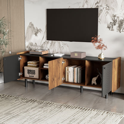 Mid Century TV Stand With 3 Cabinets, Media Console Table For Tvs Up To 70'', Entertainment Center With Storage For Living Room - Black / Brown