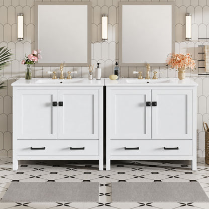 Bathroom Vanity With Sink, Soft Close Doors, Double Storage Shelves & Divided Drawer Ample Storage - White